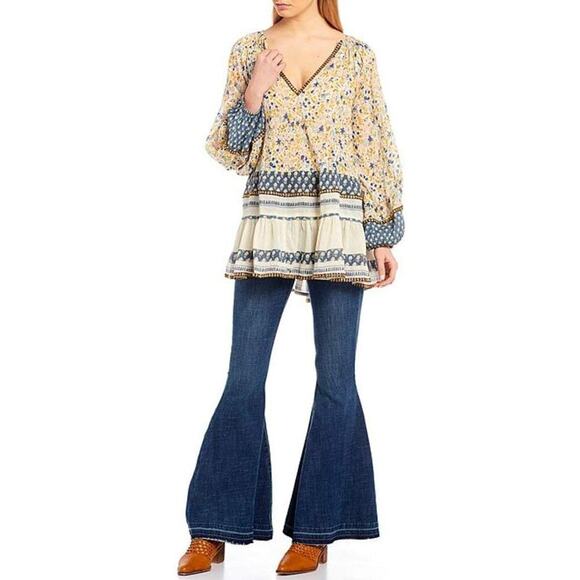 Free People Women's Gardenia Tunic Cream Blue Yellow Embellished Large - Picture 4 of 16